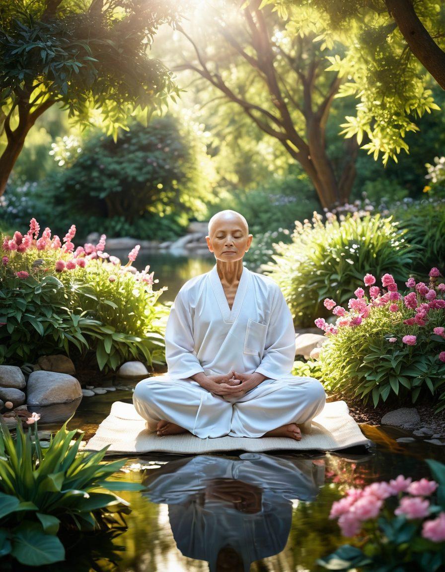 A serene scene depicting a cancer patient meditating in a peaceful garden, surrounded by vibrant flowers and soft sunlight filtering through trees. Incorporate symbols of hope, such as butterflies and gentle flowing water. The atmosphere should evoke tranquility and empowerment. super-realistic. vibrant colors. soft focus.