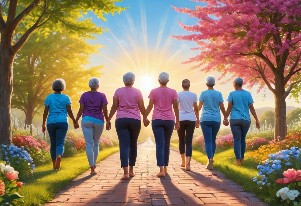 A warm and uplifting scene depicting a diverse group of cancer survivors standing together along a vibrant path, symbolizing their journey of recovery. They hold hands and exhibit expressions of hope and resilience, surrounded by blooming flowers and supportive banners advocating for cancer awareness. In the background, a bright sun shines through a clear blue sky, representing optimism. Include elements of self-care, such as a yoga mat and books about health scattered along the path. super-realistic. vibrant colors. outdoors.