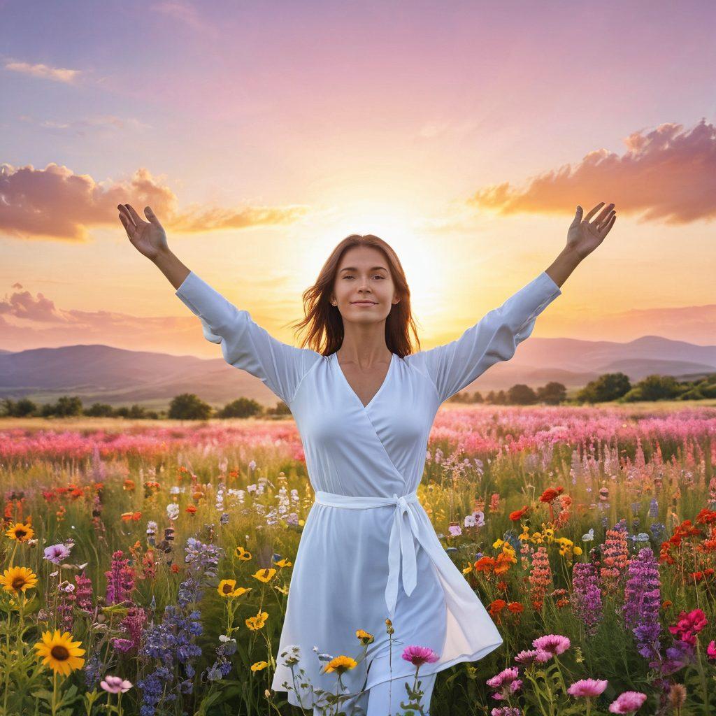A powerful figure standing tall with arms raised in a vibrant field of wildflowers, symbolizing empowerment and resilience against cancer. Surround the figure with icons representing awareness, treatment options, and wellness tips, such as ribbons, medical symbols, and health foods. The background features a soft sunrise, signifying hope and new beginnings. The color palette should be uplifting, with bright greens, yellows, and soft pinks. super-realistic. vibrant colors. white background.